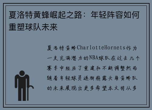 夏洛特黄蜂崛起之路：年轻阵容如何重塑球队未来
